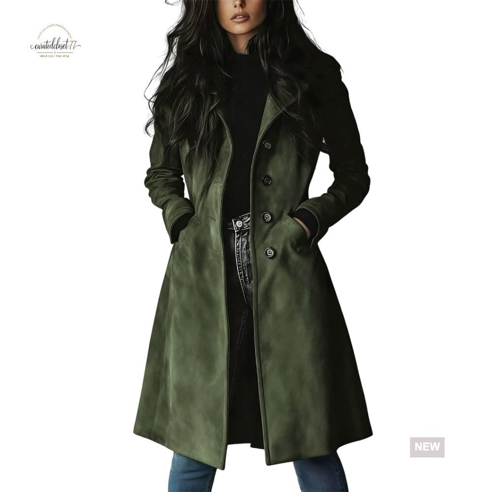 Long Faux Suede Trench Coat Slim Fit Classic Elegant Button Down Overcoat